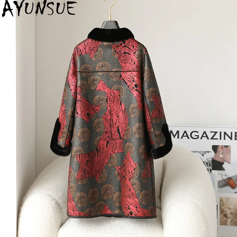 AYUNSUE 100% Wool Fur Coat Women Clothes 2025 Winter Jacket Warm Mink Fur Collar Mid-length Sheep Shearling Coats Woman Printed