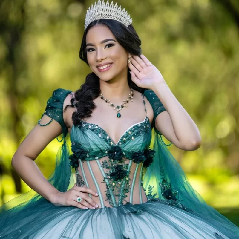 

Темно-зеленое платье Quinceanera с кристаллами и блестками, 3D цветок, многослойная наклейка с длинным хвостом, Vestidos De 15, Quinceanera ﻿ Настроить