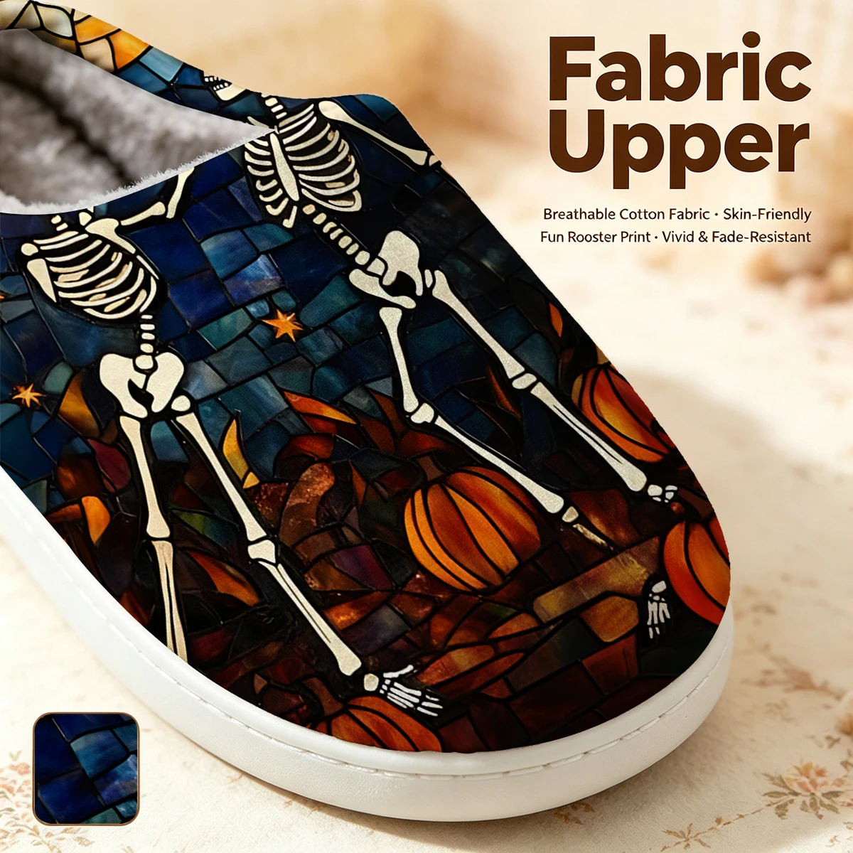 Stained Glass Skeleton Christmas White Slippers Warm Plush Indoor Shoes Non-Slip Winter Slippers Family Holiday Gifts Soft view 2