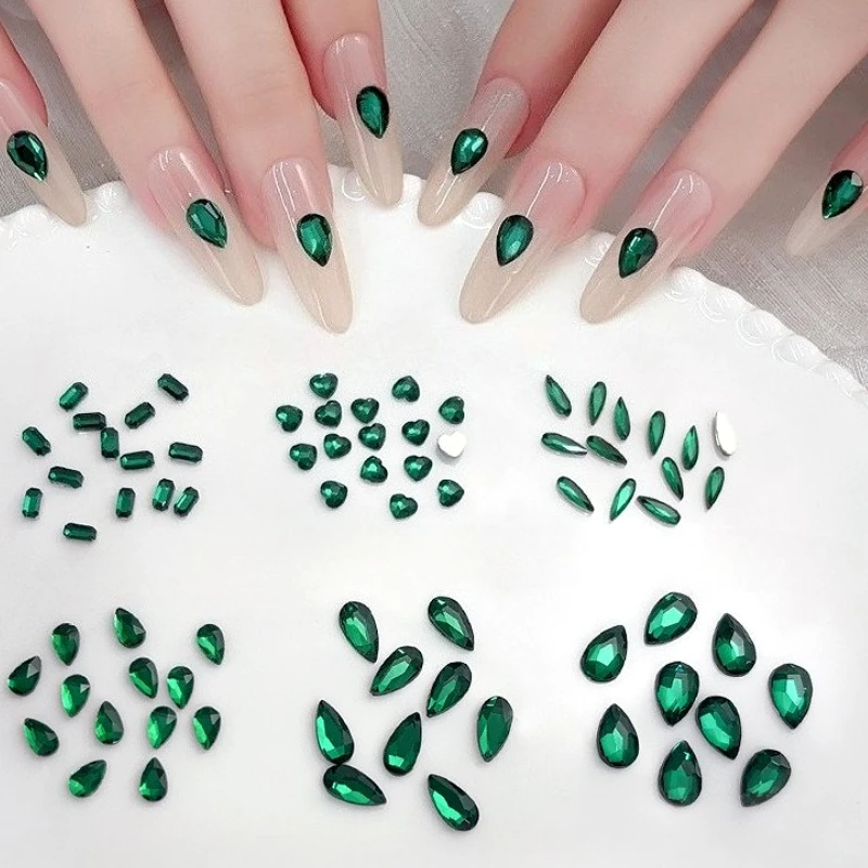 

Shiny Emerald Octagonal Love Heart Water Droplet Horse Eye Green Rhinestones Flat Bottom Nail Art Drill Accessories Decorations