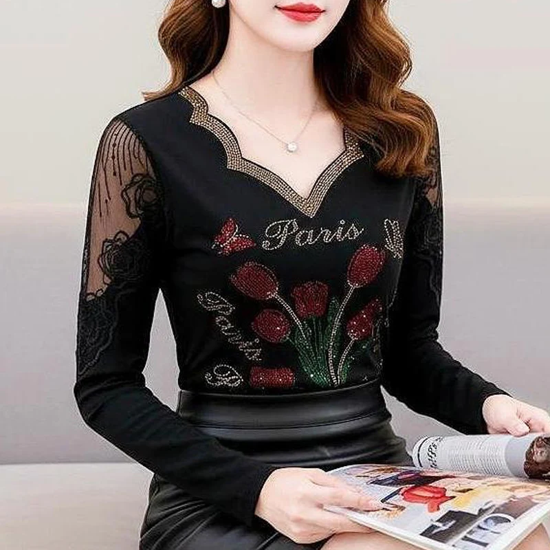 

2024, весна-осень, новые корейские модные женские топы с цветочным принтом и бриллиантами, футболка с длинными рукавами, лоскутная кружевная сетчатая рубашка