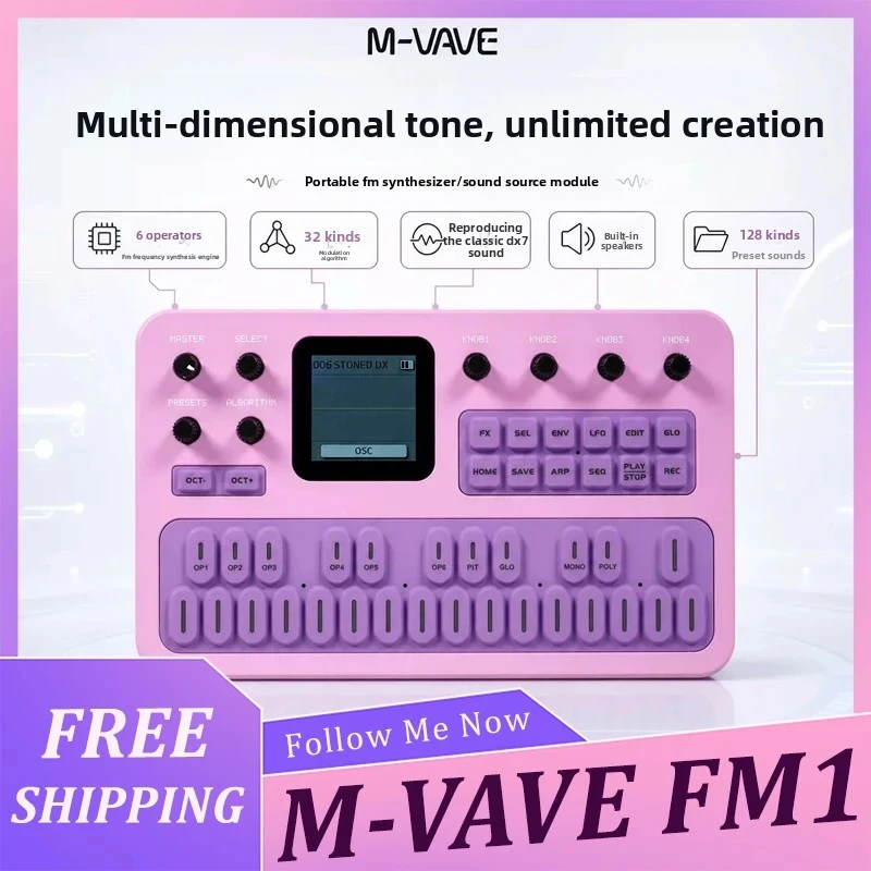 M-VAVE FM-1 Handheld FM Synthesizer – 27 Keys, 12-Voice Poly, 2000mAh Battery, 3-Channel MIDI, Built-in Speaker, TFT Display