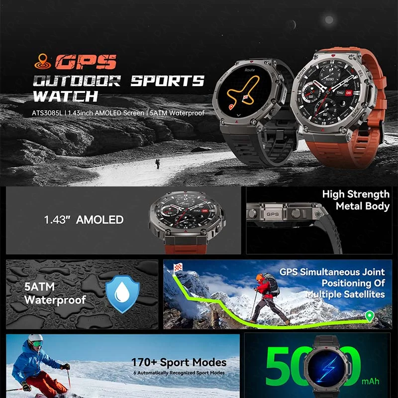 2025 New T-Rex3 Outdoor Military Built-in GPS Barometric Altimeter IP69K 5ATM Swimming Waterproof Bluetooth Call Smart Watch Men