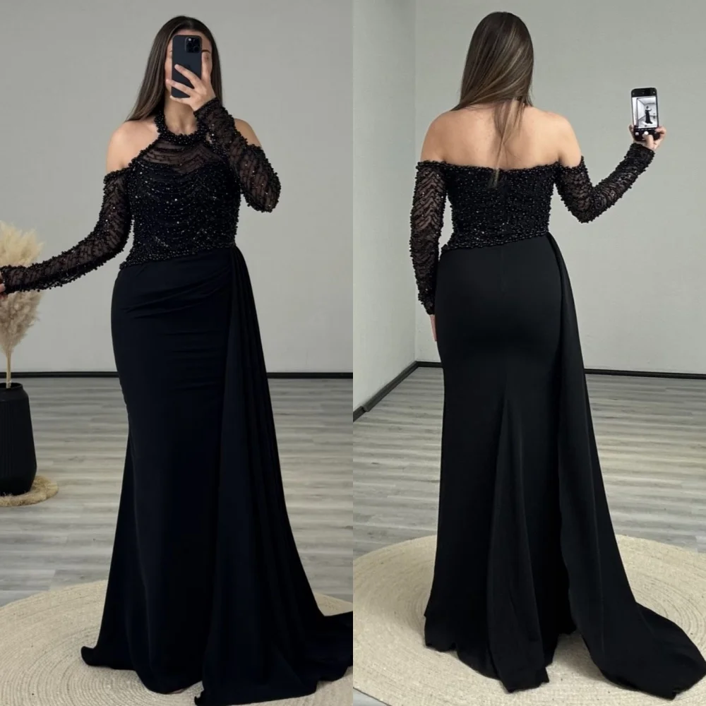 

Customized Fashion Jersey Pleat Sequined Pearl Trumpet Halter Long Dresses Quinceanera Bespoke Occasion Intricate
