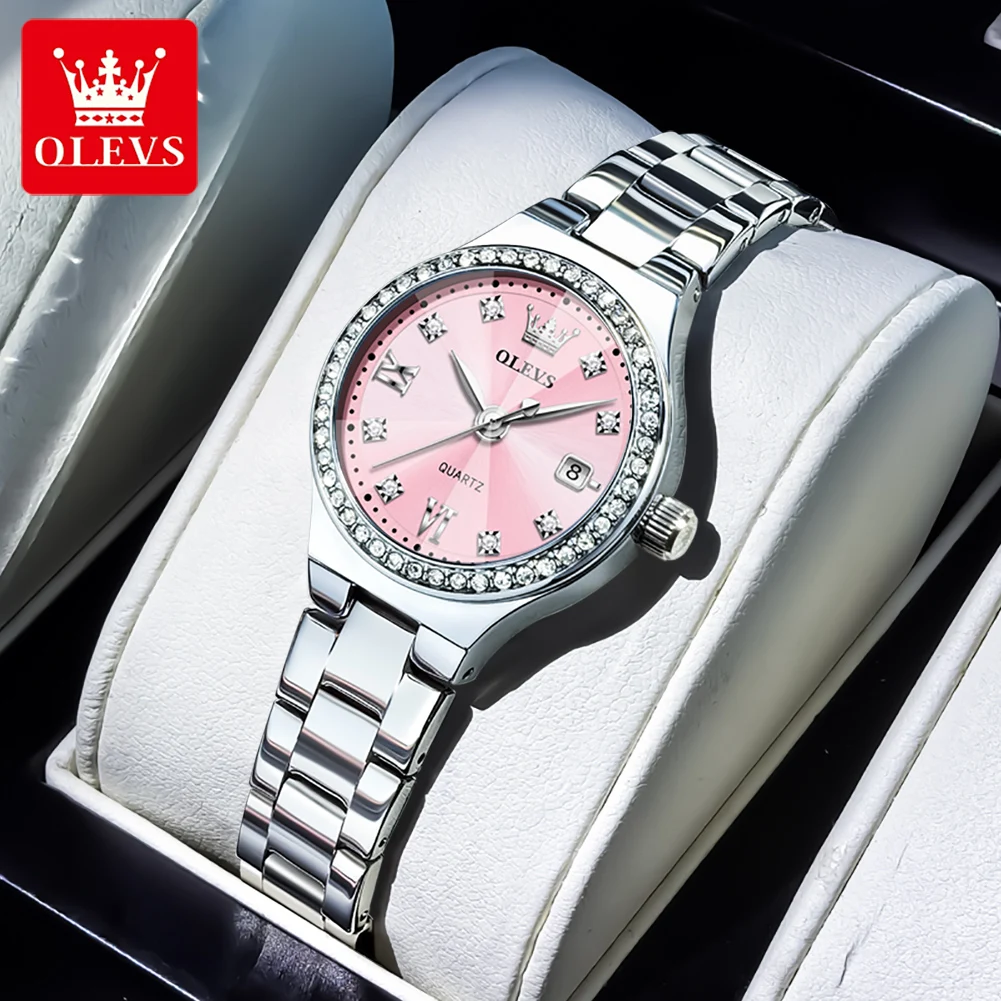 OLEVS Women's Quartz Watch Fashion Delicate Rhombus Mirror Luxury Diamond Bezel Steel Date Waterproof Elegant Ladies Watch 5628