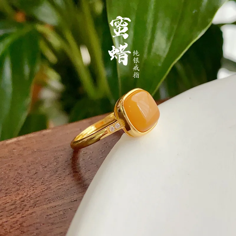Natural Old S925 Silver Inlaid Amber Sugar Cube Ring Women
