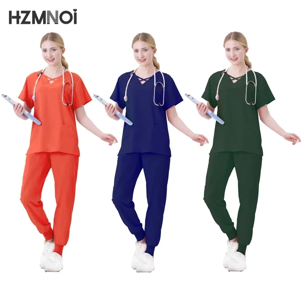 Nuevo conjunto de uniformes médicos, Tops elásticos con pantalones de bolsillo, uniforme de enfermera, monos de cirugía para médico, ropa de trabajo para salón de belleza