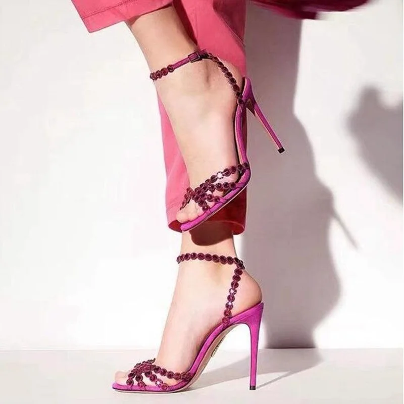 

Colorful String Bead Crystal High Heel Sandals Open Toe Buckle Strap Clear PVC Studded Strappy Sandals Fashion Runway Shoes