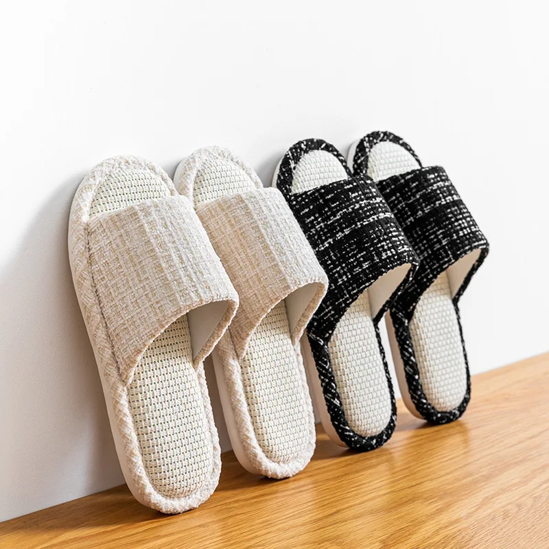 Atmungsaktive Leinen-Hausschuhe für Damen und Herren, gestrickte Tweed-Slipper mit offener Zehenpartie, rutschfeste, dicke, weiche Sohle, schweißabsorbierende Hausschuhe. – Detail 1