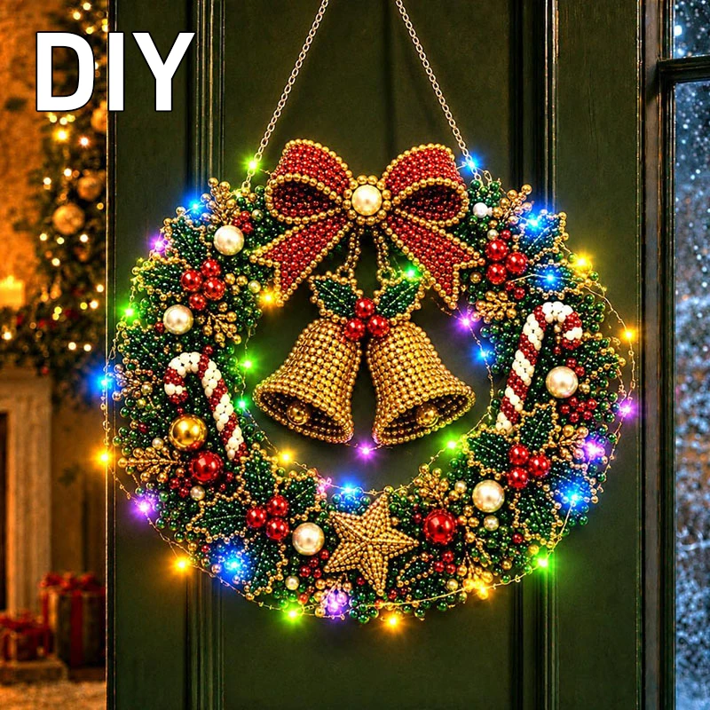 DIY Bow Wreath Christmas Pearl Diamond Painting Pendant Kits With Led String Lights Christmas Tree Decorations Home Wall Decor