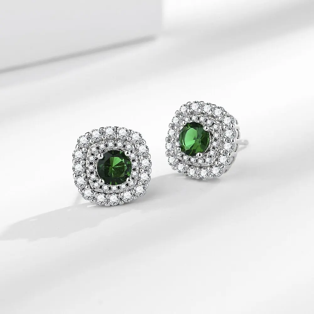 925 Silver Double Halo Round Green Cubic Zirconia Stud Earrings for Women, Elegant Wedding Party Jewelry Gift