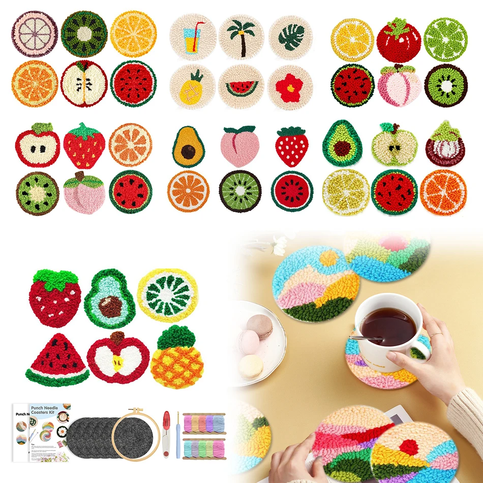 

RUOPOTY Punch Needle Kit Coaster fruit Set 6pcs Easy for Beginner Craft Cross Stitch Kits Mats Coasters Gift Table Decoration
