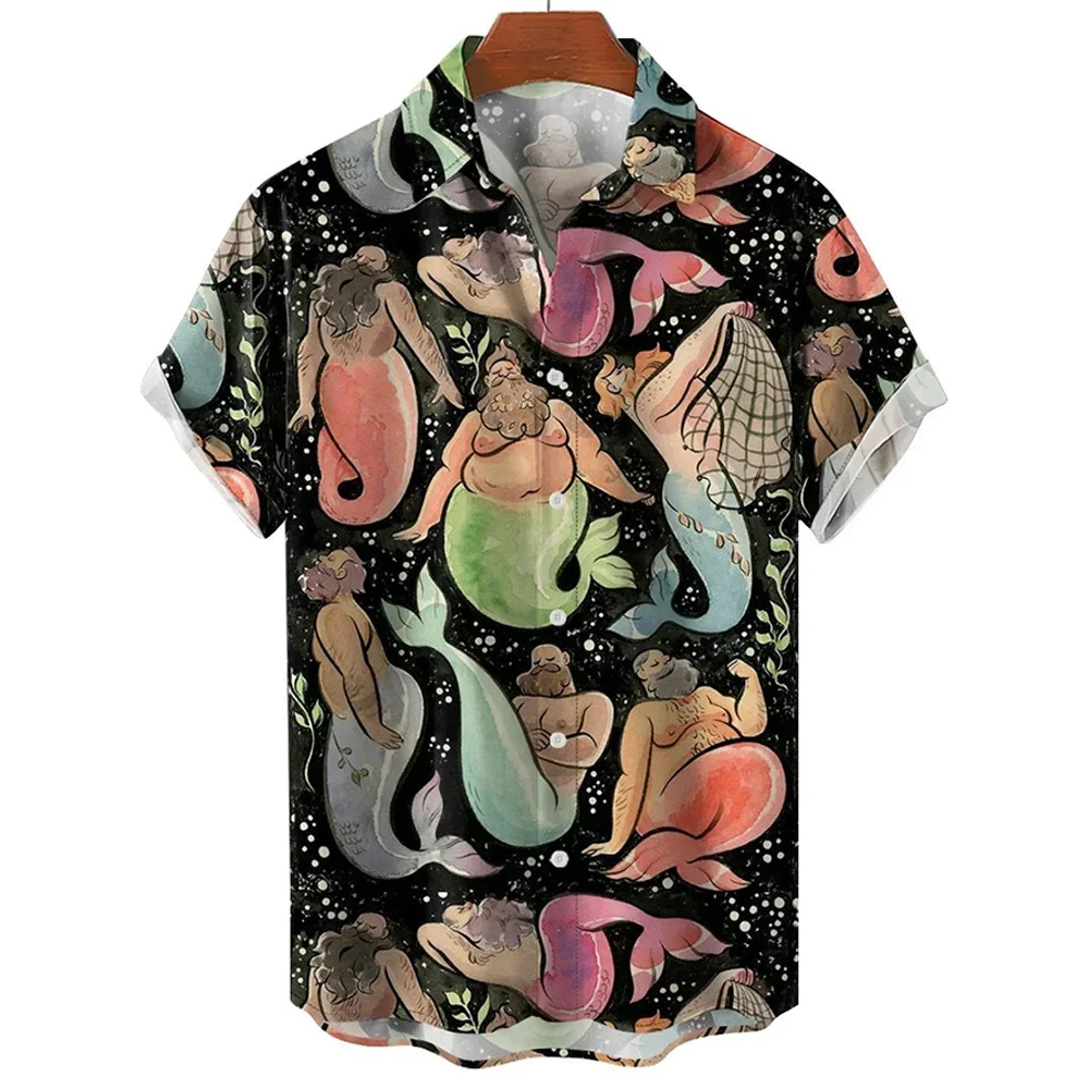 Blouse 2024 New Oversized Shirt Mens Hawaiian Shirts For Men Mermaid Print Beach Short Sleeve Tops Designer Clothes High Quality