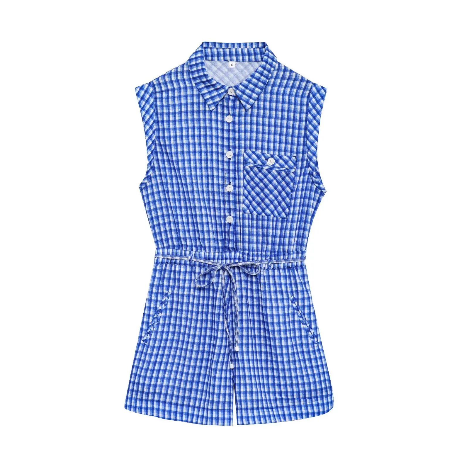 Casual Women's Jumpsuit Blue Plaid Single Breasted Sleeveless Lace-up Jumpsuit Fashion Summer Beach Holiday Jumpsuit