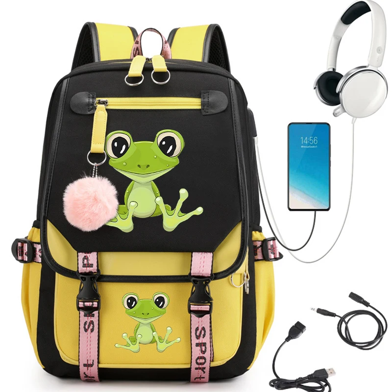 Mochila escolar Kawaii para estudiantes universitarios, morral impermeable con estampado de rana y dibujos animados, bolsa de viaje con Usb