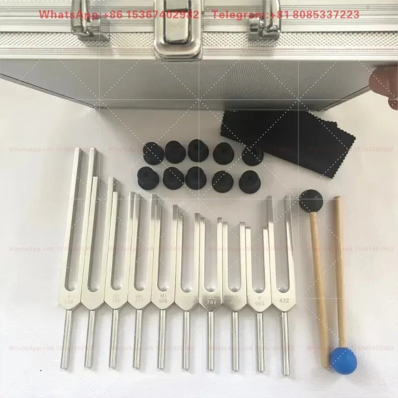 A set of 10 tuning forks with 174 285 396, 417 528 639 741 852 963 432 tuning forks