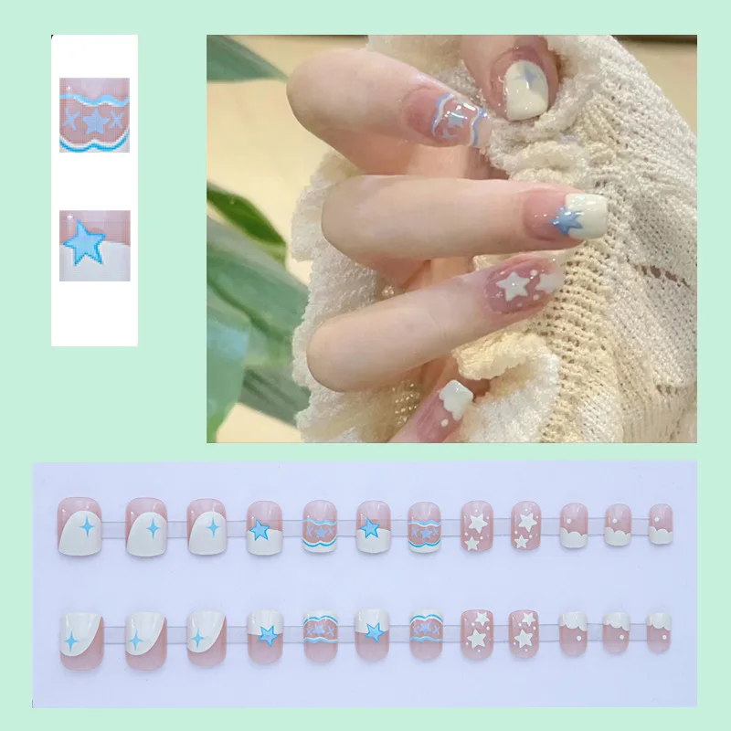 Small Fresh Short Star Frozen Yogurt White Sky Blue Line Wearing Nail Enhancement Patch Women Removable Nail Patch