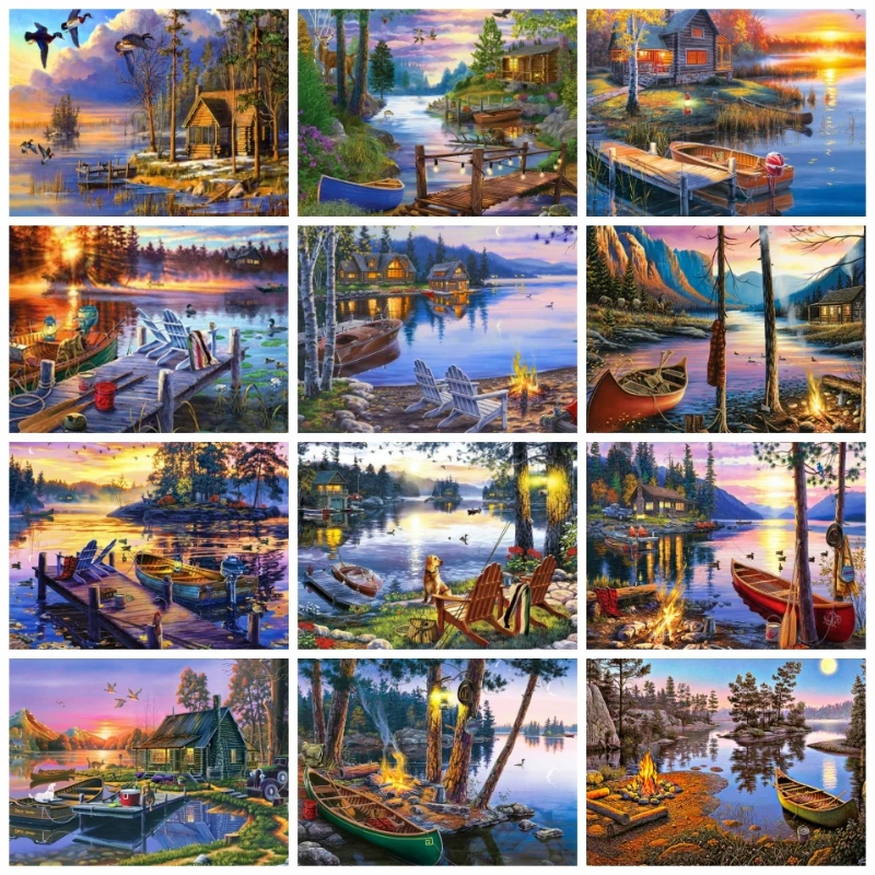 5D DIY Diamond Painting Sunset Lake River House Scenery Embroidery Mosaic Pictures Full Drill Cross Stitch Kit Living Room Decor