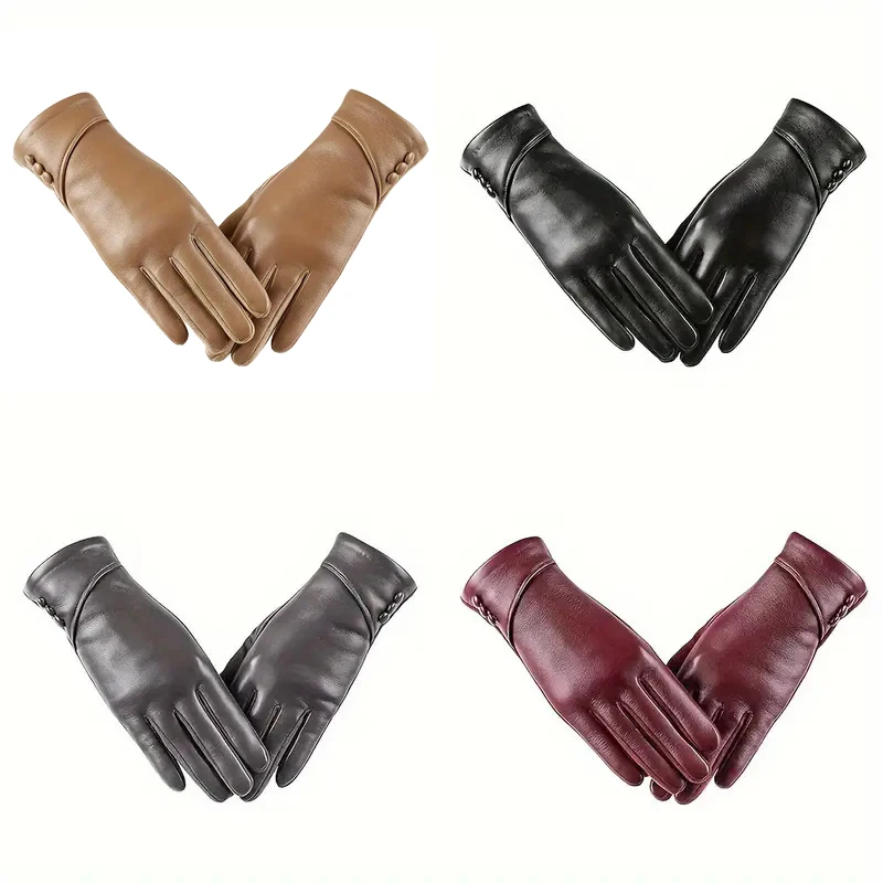 1 Pair Of Fashion Leather Gloves For Women, Winter Touch Screen Wool Lined Outdoor Windproof Warm Suede Driving Cycling Gloves