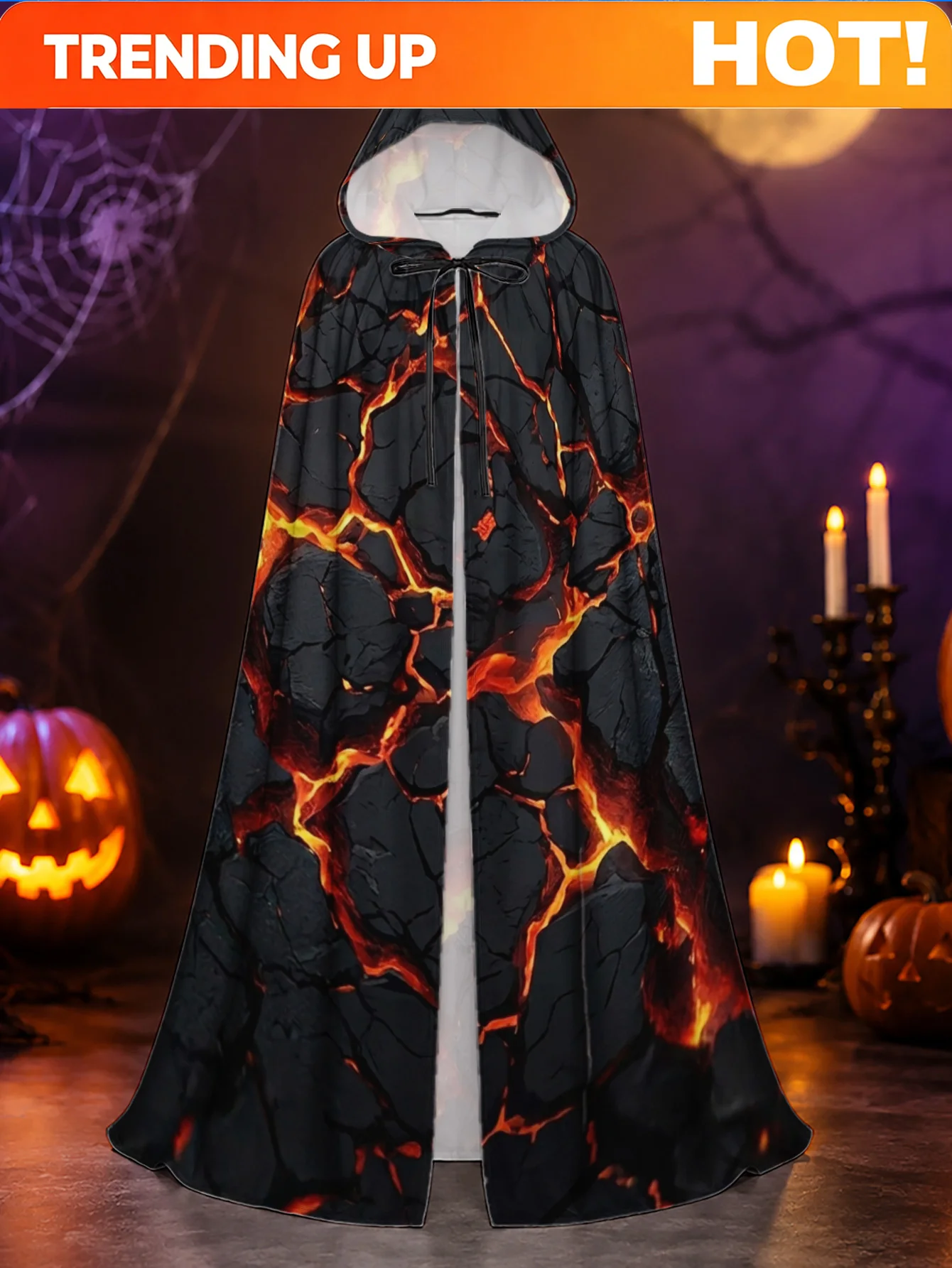 Customization 1pc, Polyester Hooded Cloak Featuring Lava Cracks And Design, Long Adult Costume Robe For Halloween And Christmas