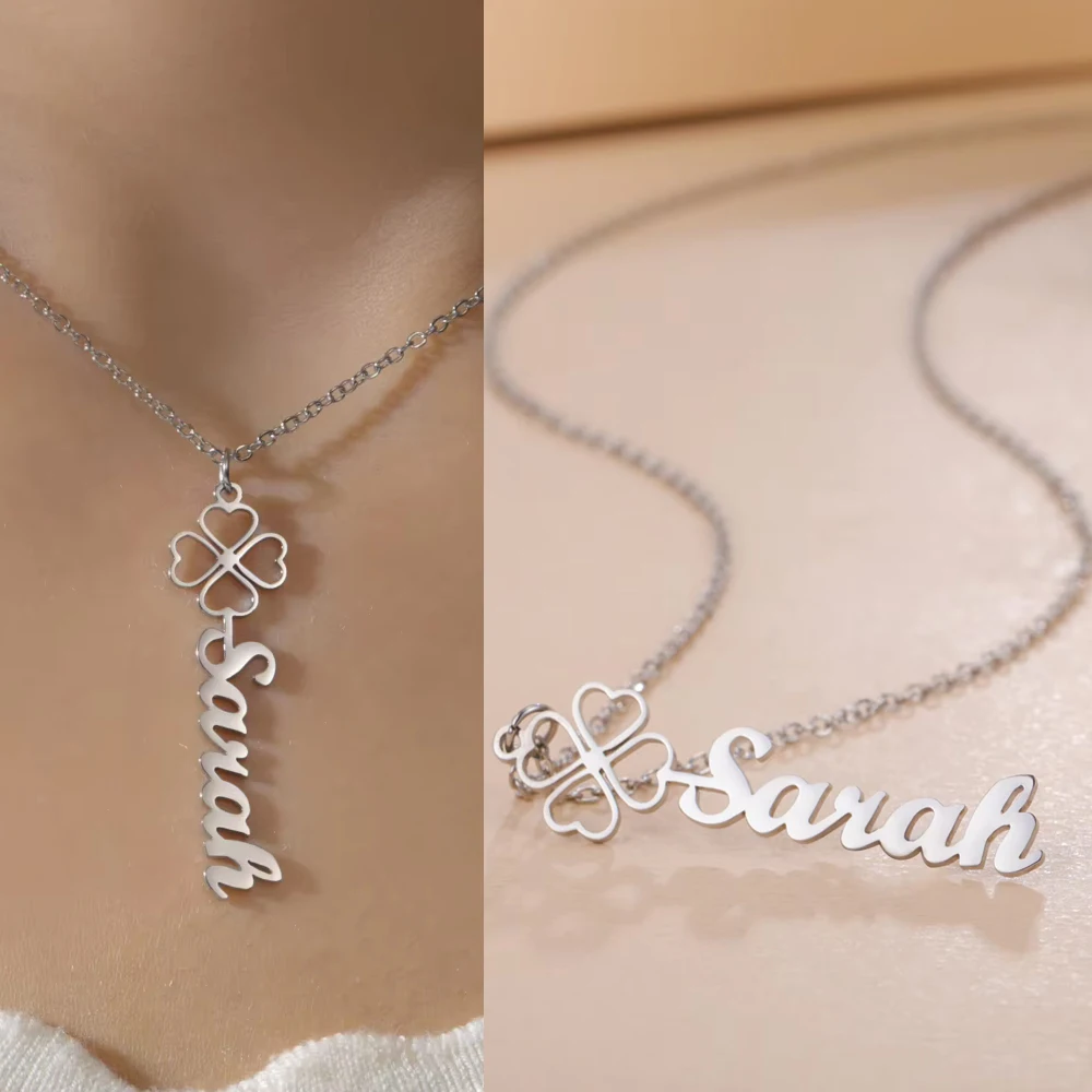 

Lemegeton Personalized Name Necklace Four-Leaf Clover Pendant Women Stainless Steel Jewelry Customized Nameplate Party Gifts
