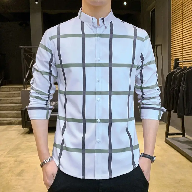 

2023 New Spring and Autumn Korean Edition Trendy and Handsome Polo Collar Plaid Print Casual Loose Oversized Men's Shirt