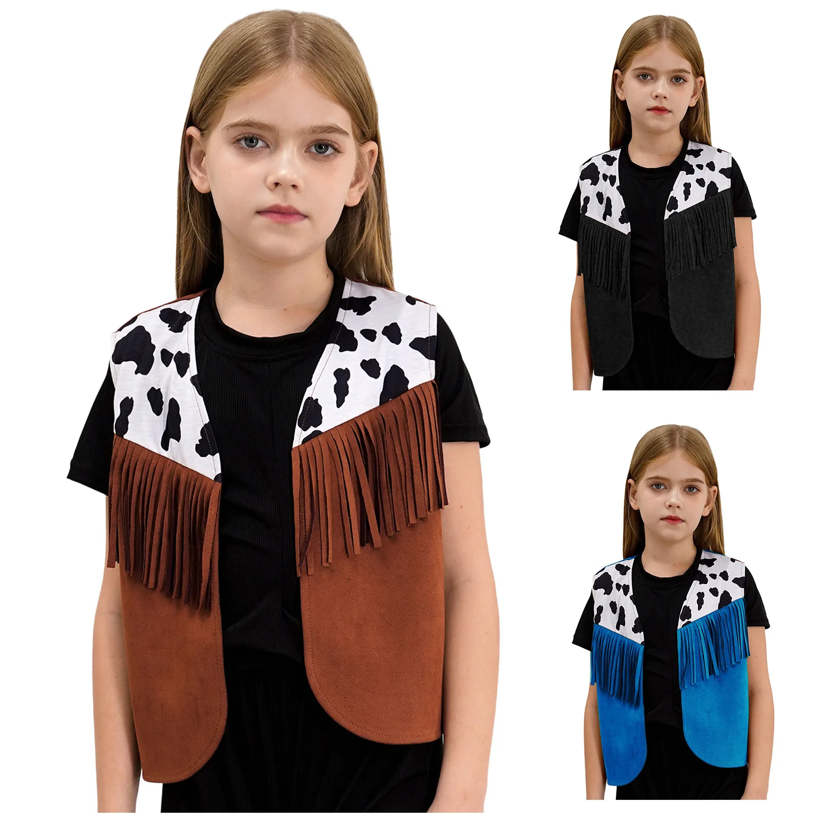 Kids Cowboy Cowgirl Cosplay Costume Halloween Waistcoat Jacket Sleeveless Cow Pattern Print Fringe Vest Shrug Roleplay Dress Up