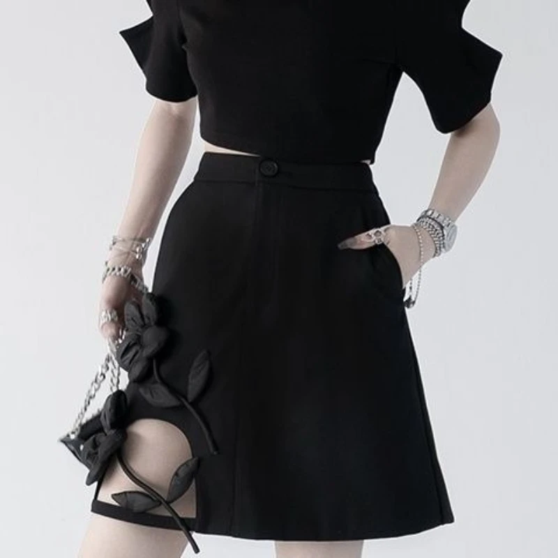 

Шикарная женская черная юбка А-силуэта до колен с кружевными вставками и 3D цветочным декором, дизайнерская, роскошная, нишевая, модная, элегантная