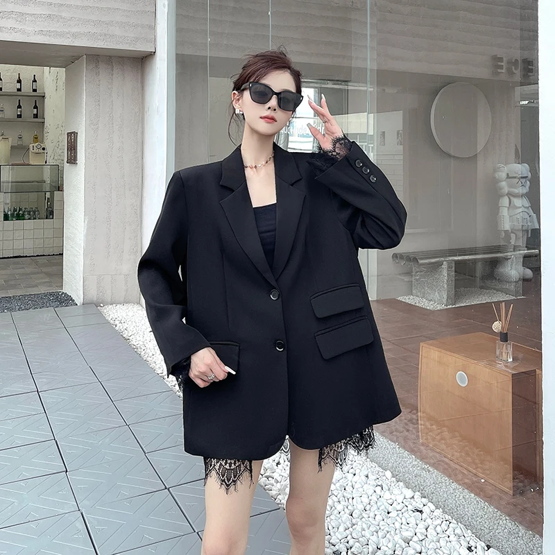 

SuperAen новый дизайн, черное кружевное лоскутное пальто для женщин, весенне-осенний новый модный и повседневный однобортный пиджак