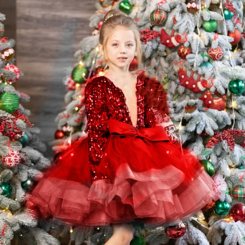 Red Flower Girl Dresses Puffy Sequin With Bow Knee Length Long Sleeve For Wedding Birthday Party Banquet Princess Gowns