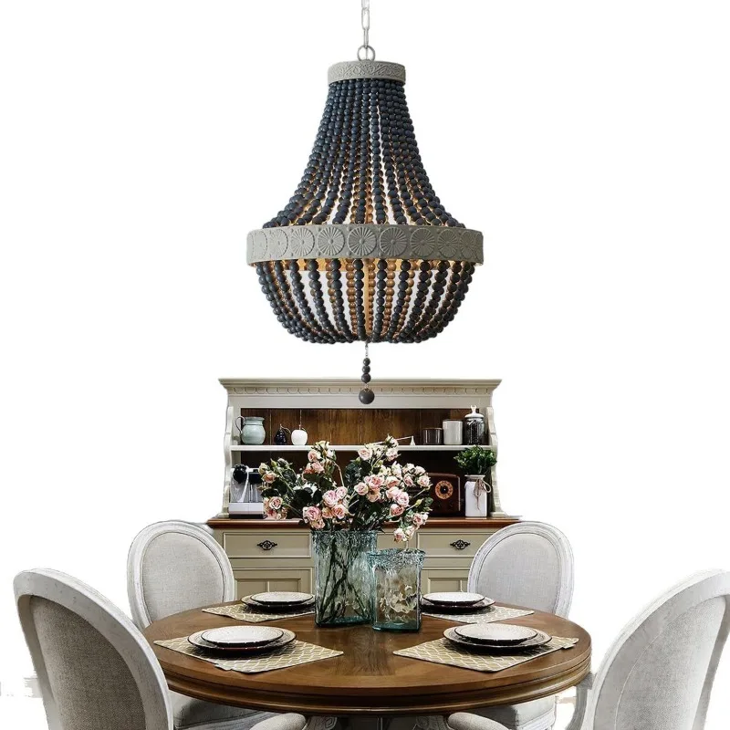 

Bohemian farmhouse wood bead chandelier French pastoral villa dining room living room clothing lamp