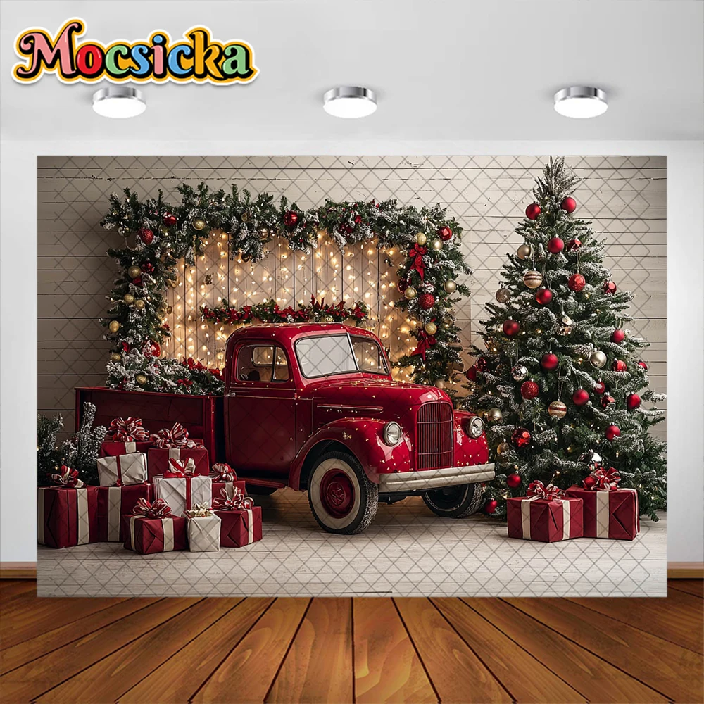 Fondo de fotografía de camión rojo de Navidad, regalos de árbol de Navidad, tablero de madera, decoración de pared, retrato familiar, accesorios de estudio fotográfico