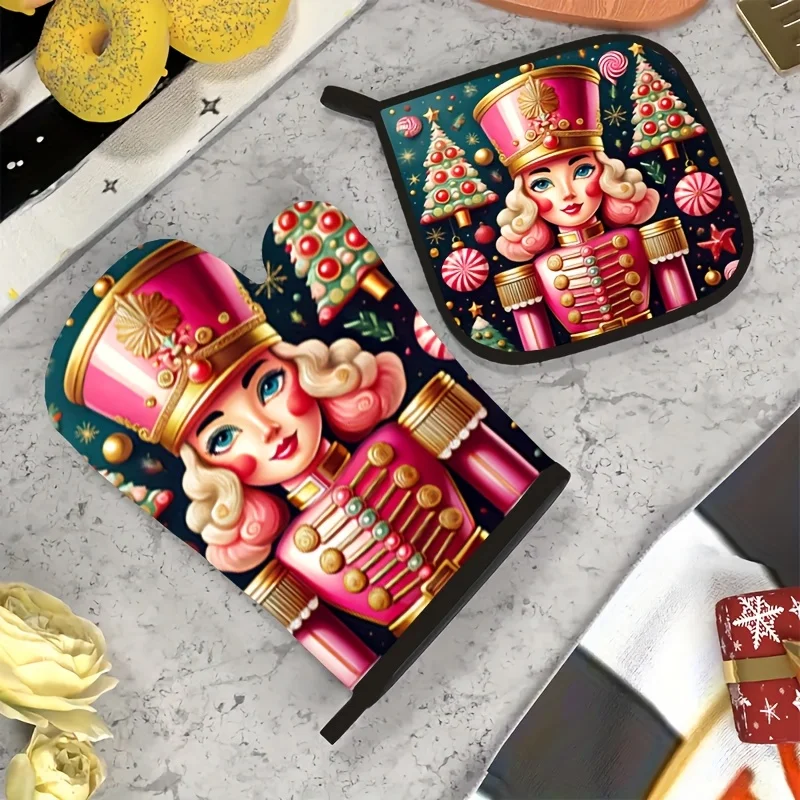 

2pcs Festive Christmas Oven Mitts Heat-Resistant Polyester Kitchen Gloves with Santa Mrs. Claus Design