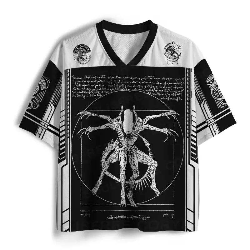 Witchcraft Manuscript Short Sleeved Jersey Black and White Contrasting Mechanical Border Back 07 Digital Loose Sports T-shirt