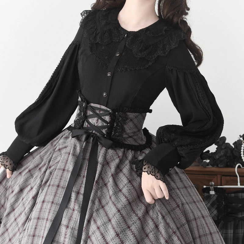 Victorian Vintage Elegant Lolita Shirt Japanese Women Sweet Lace Ruffles Gigot Sleeve Blouses Female Gothic Y2k Slim Bandage Top