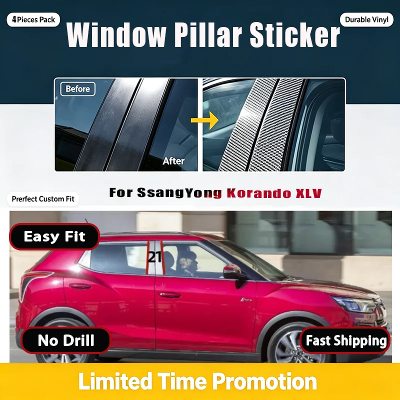 For SsangYong Korando XLV Tivolan Car Window Center Pillar Black Trim Sticker Decorative Protector Exterior Accessories