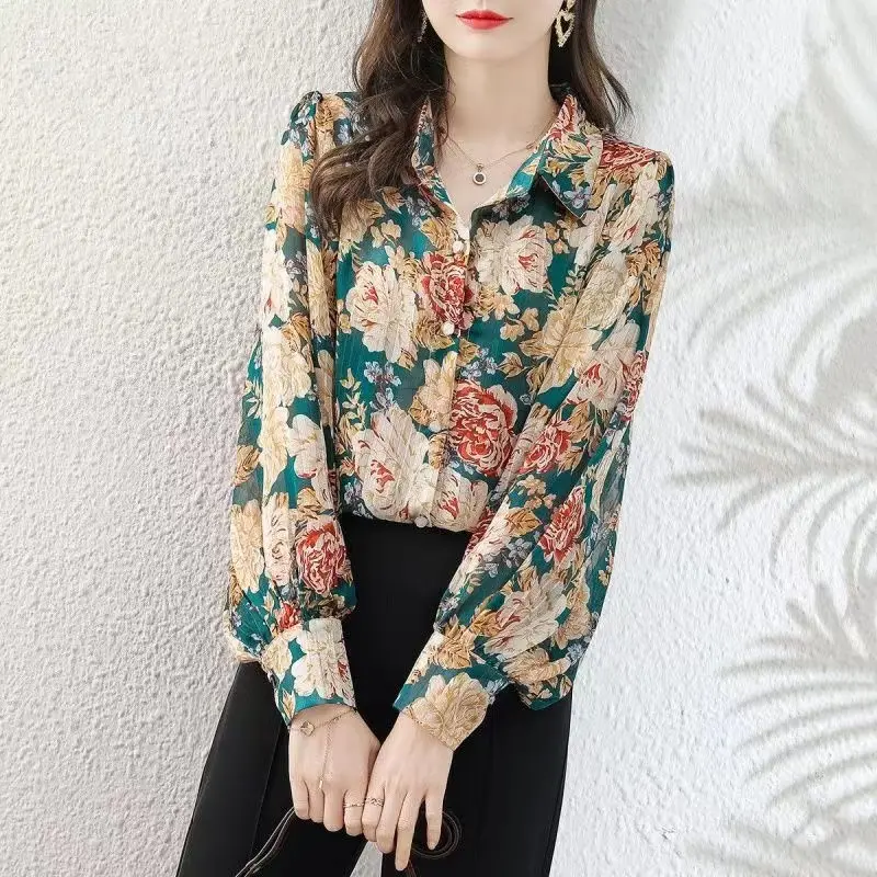 Lantern Long Sleeved Lapel Chiffon Shirt for Women 2023 Spring Autumn New Vintage Floral Print Button Loose Open Stitch Blouse