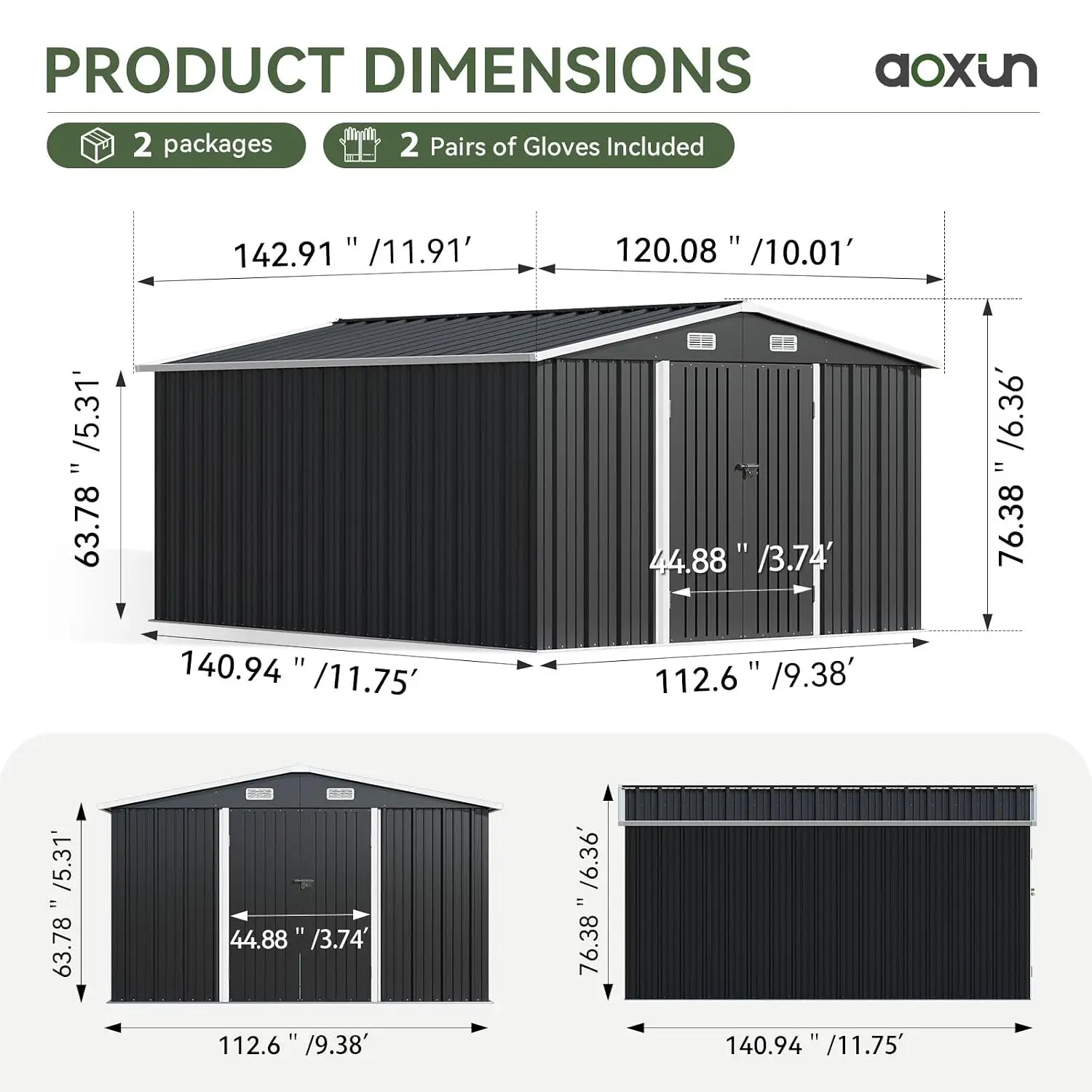 10x12 FT Outdoor Storage Shed with Lockable Double Doors, Black, Customized