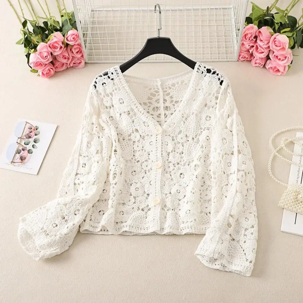 

Women's Long-Sleeved Hollow-Out Knitted Cardigan Summer Outerwear Chic Crochet Short Small Shirt Air Conditioning Top for Skirt