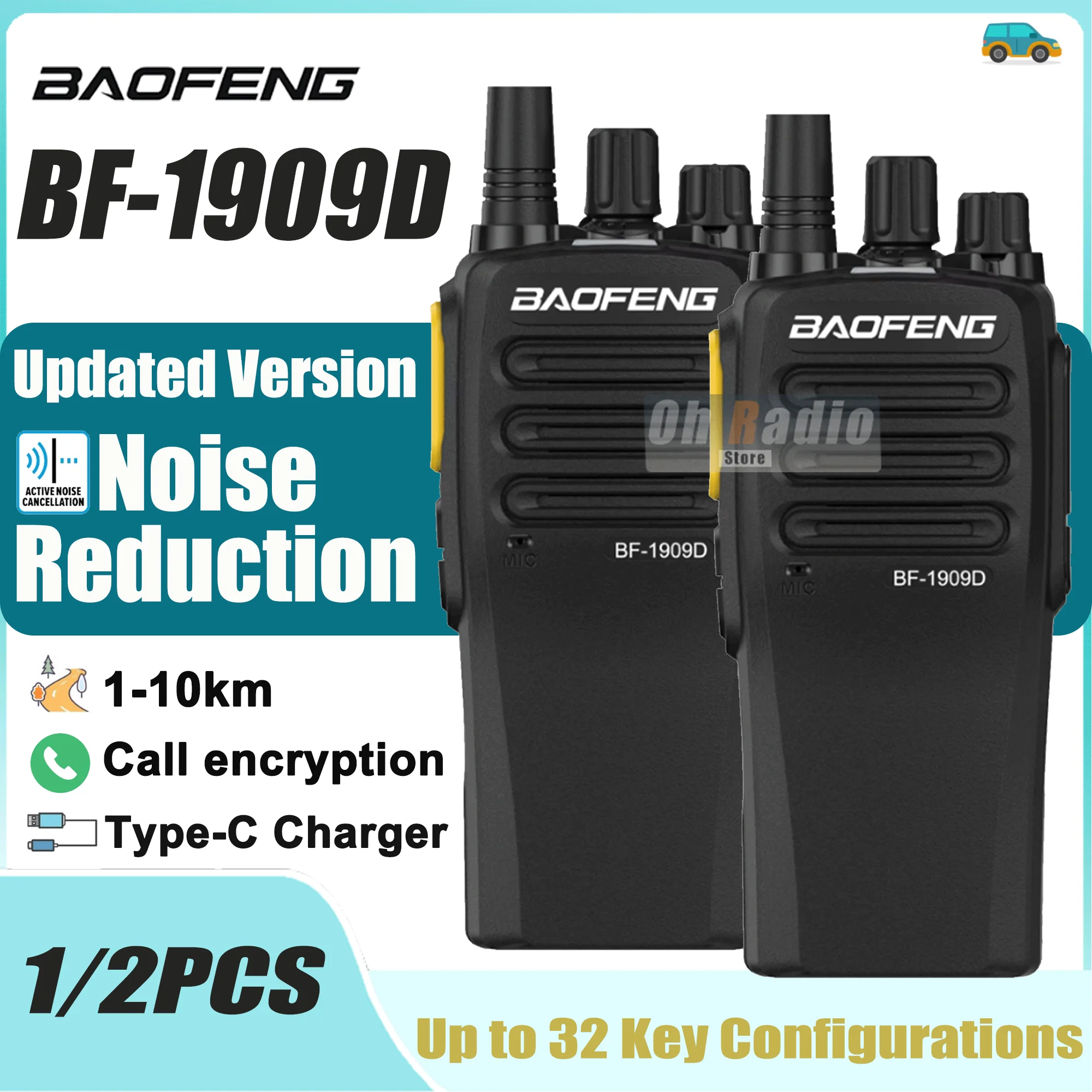 BF-1909D Baofeng Walkie Talkie Intelligent Noise Reduction UHF Two Way Radio Encryption 10KM Long Range USB BF-1909 Transceiver