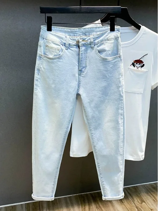 Spring Summer New Washed Light Blue Men's Jeans Slim Fit Casual Long Pants Korean Style Versatile Comfortable Denim Jeans
