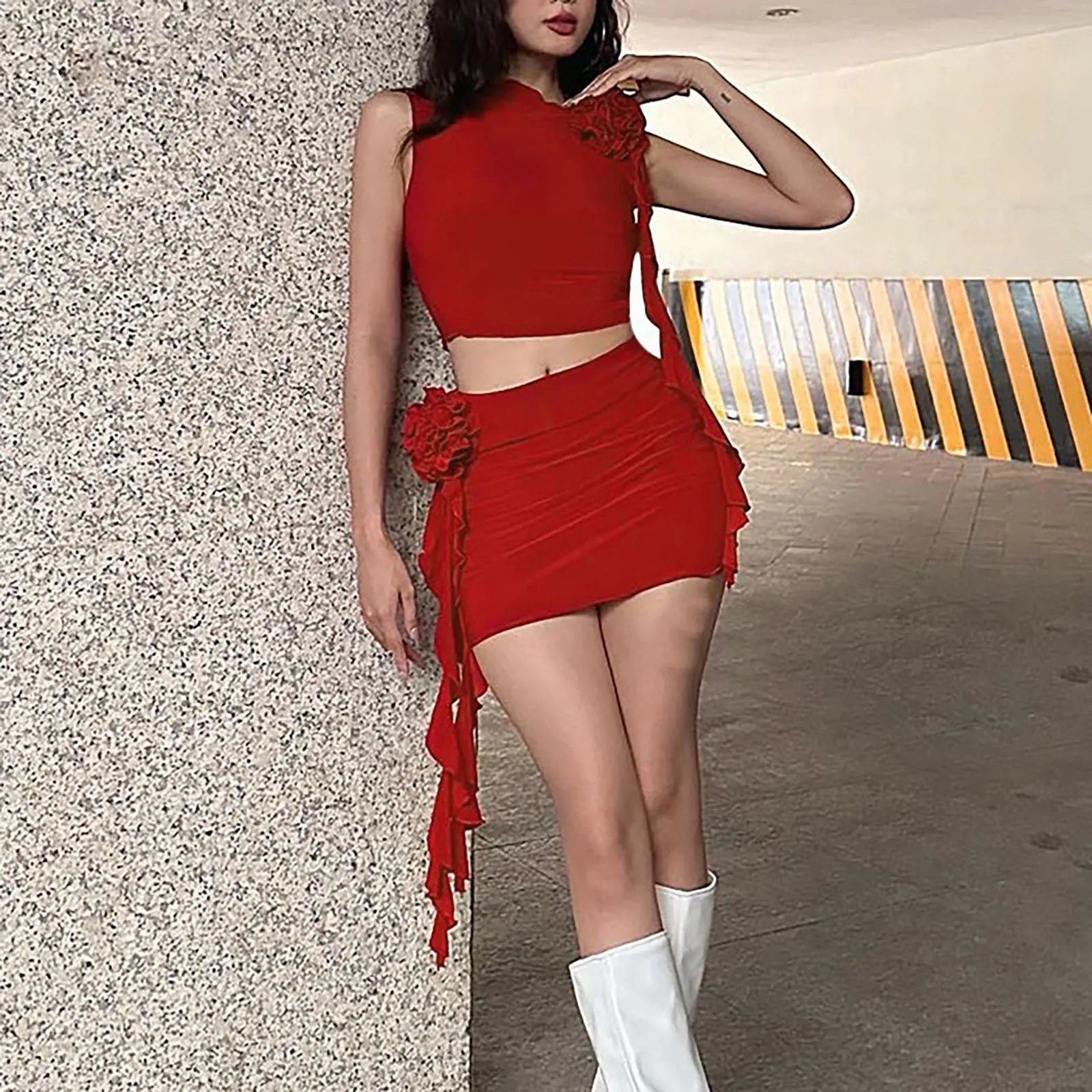 Y2k Women Sexy Skirt Two Piece Set Summer Jacquard Flower Ruffles Mini Fashion Crop Tops And Wrap Skirt Suit Club Streetwear Red