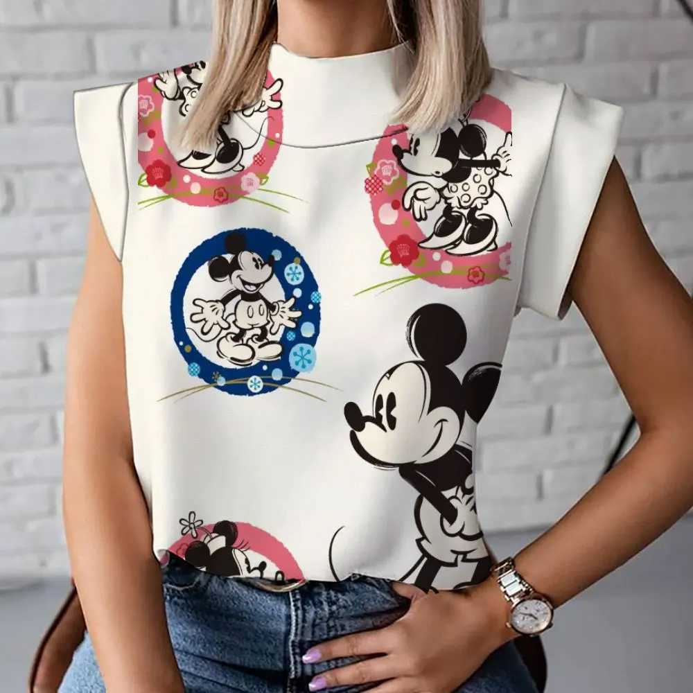 

2024 Summer New Fashion Casual Women's All-match Mickey Minnie Cartoon Print Harajuku Street Style Turtleneck T-shirt Vest