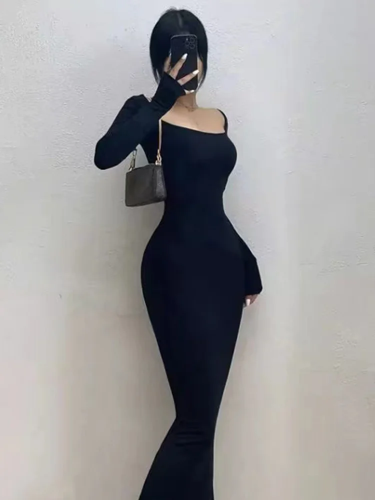 Ribbed Solid Long Sleeve Square Neck Skinny Mid Length Dress Black Fall Sexy Evening Party Elegant Vestido Ladies Long Dresses