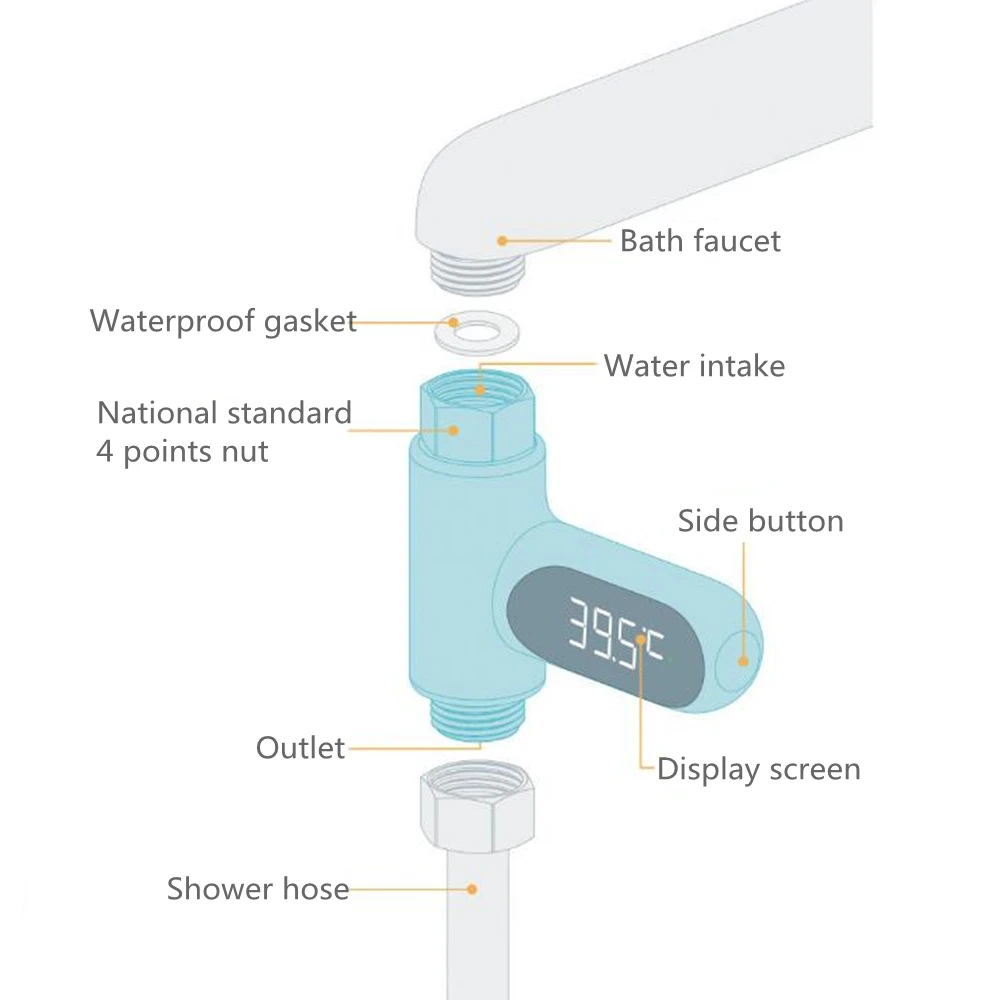 LED 디스플레이 섭씨 수온 측정기, 플라스틱 360 도 회전 전기 샤워 온도계