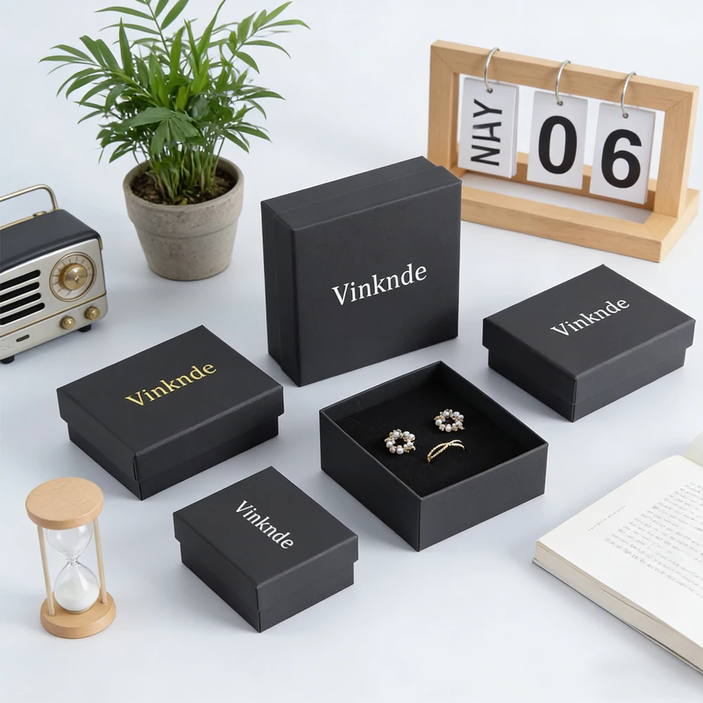 

20pcs Black Kraft Paper Box 7x7x3cm Custom Logo Packaging Earring Rings Jewlery Case Display Storage Party Gift Cardboard Boxes