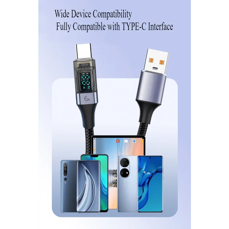 6 عبوات من كابل بيانات العرض الرقمي الذكي بطول 1 متر/3.3 قدم، كابل شحن سريع 66 وات، USB إلى Type-C، كابل شحن سريع كهربائي مرئي