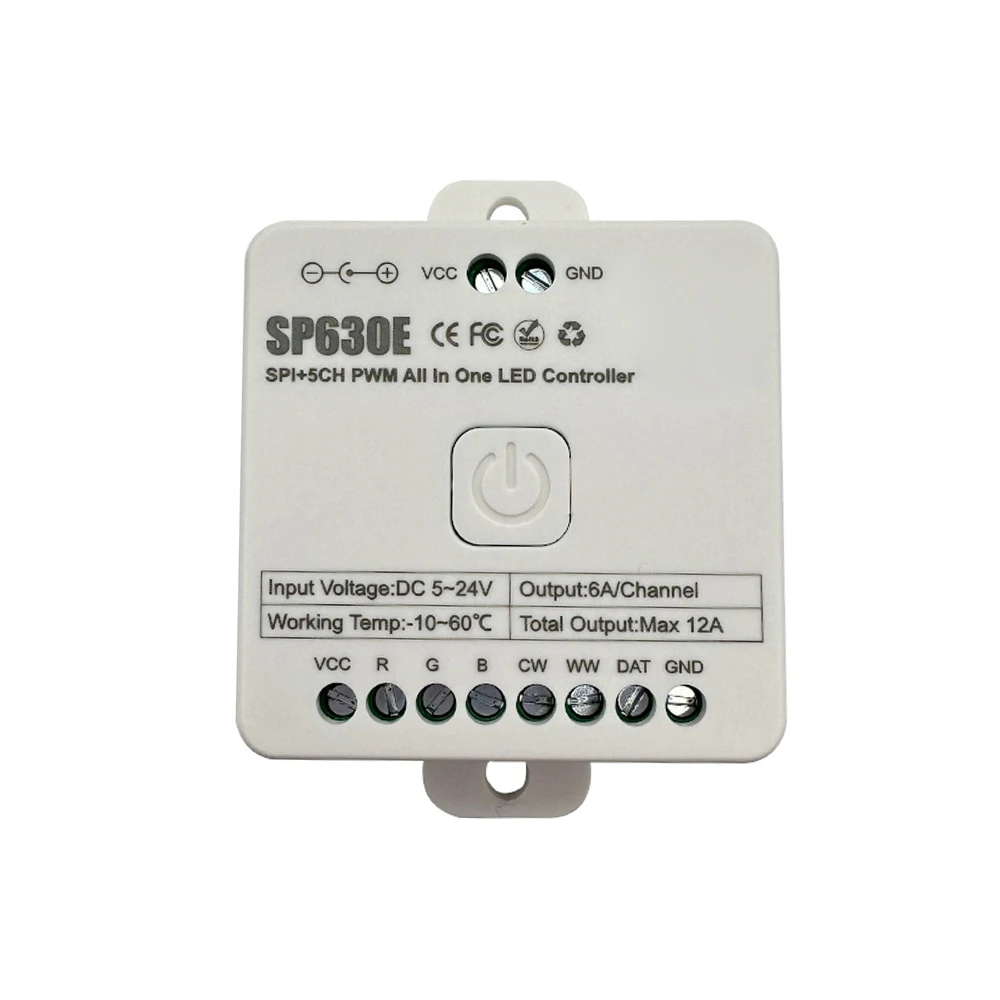 SP630E controlador de luz LED todo en uno 5CH PWM SPI Tira de píxeles WS2811 WS2812B SK6812 COB 5050 RGB RGBW CCT Música BT DC5-24V