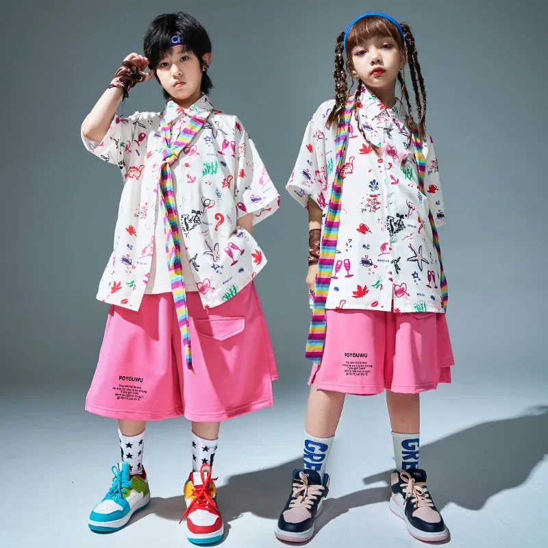 Kids Hip Hop Clothes Sets Graffiti Print Short Sleeve Shirt + Pink Shorts Boys Street Dance Costume Girls Jazz Performance Suit