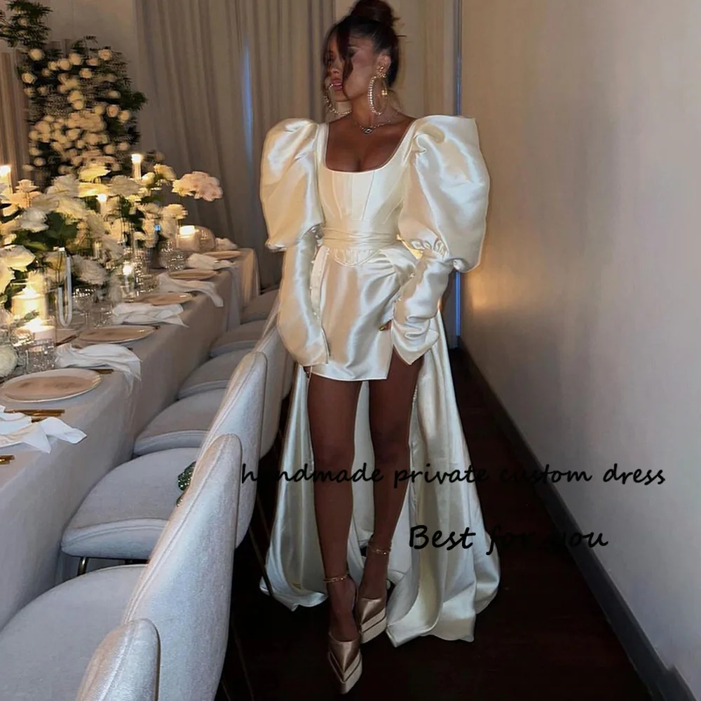 

Ivory Satin High Low Evening Party Dresses Puffy Long Sleeve Square Neck Prom Dress with Train Long Celebrate Event Dress